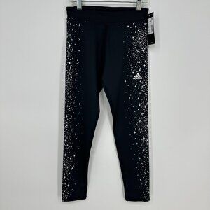 Adidas Glam Tights Leggings M Youth Girls Sparkle Star Black Silver